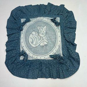 Vtg Handmade Blue White Lace Kitty Cat Pillow Cover Cottage Country Bows 20X19"